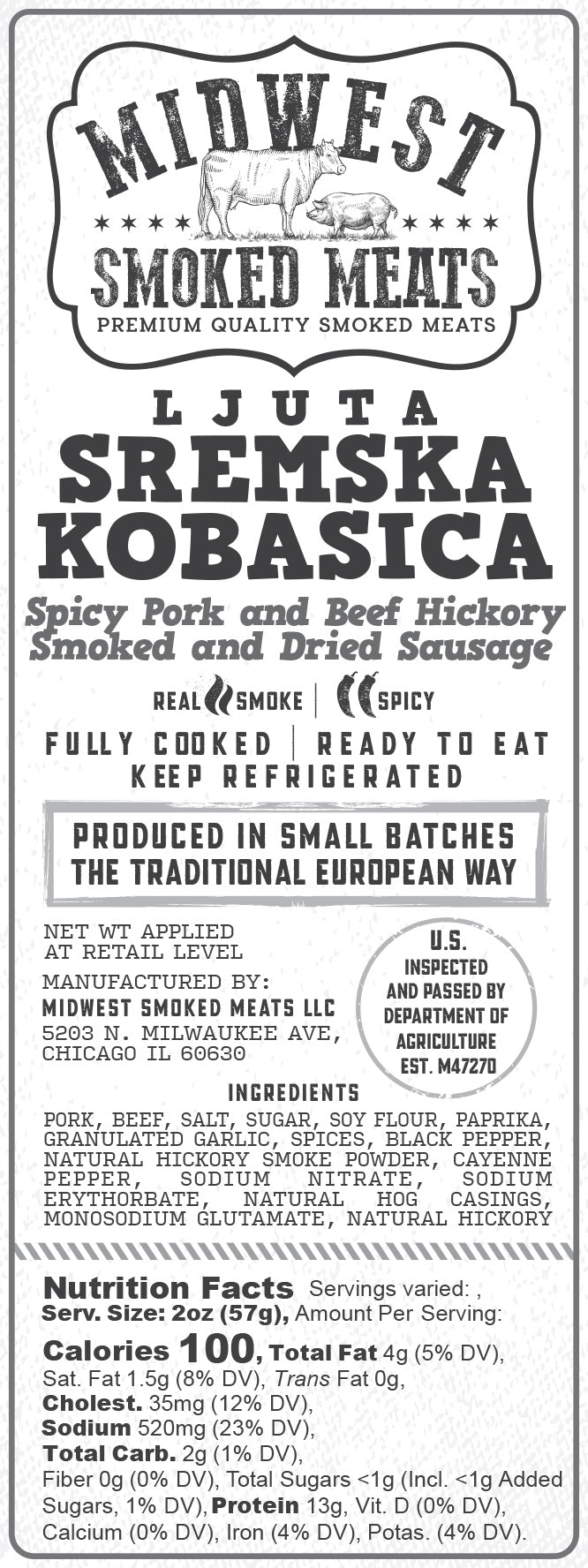 Pork & Beef Smoked Sausage,Hot(Sremska Kobasica, Ljuta)